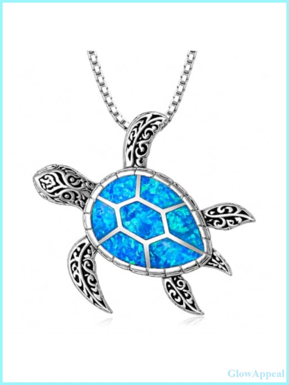 Blue Opal Sea Turtle Pendant Necklace 18in Box Chain White Gold Plated